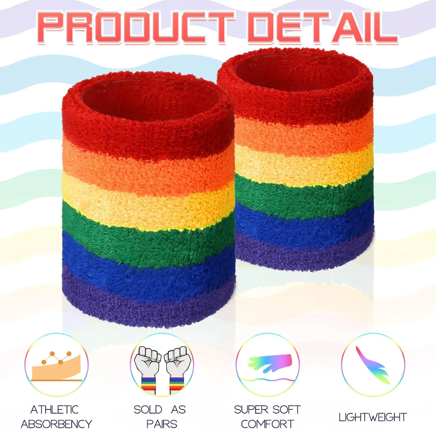 24 Pcs Rainbow Striped Wrist Sweatbands Gay Pride Sweat Wristbands for Men Women Athletic Cotton Terry Cloth Wristband Gym Workout Sports LGBT Pride Parade Supplies