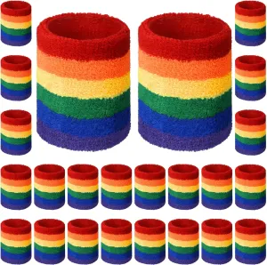 24 Pcs Rainbow Striped Wrist Sweatbands Gay Pride Sweat Wristbands for Men Women Athletic Cotton Terry Cloth Wristband Gym Workout Sports LGBT Pride Parade Supplies