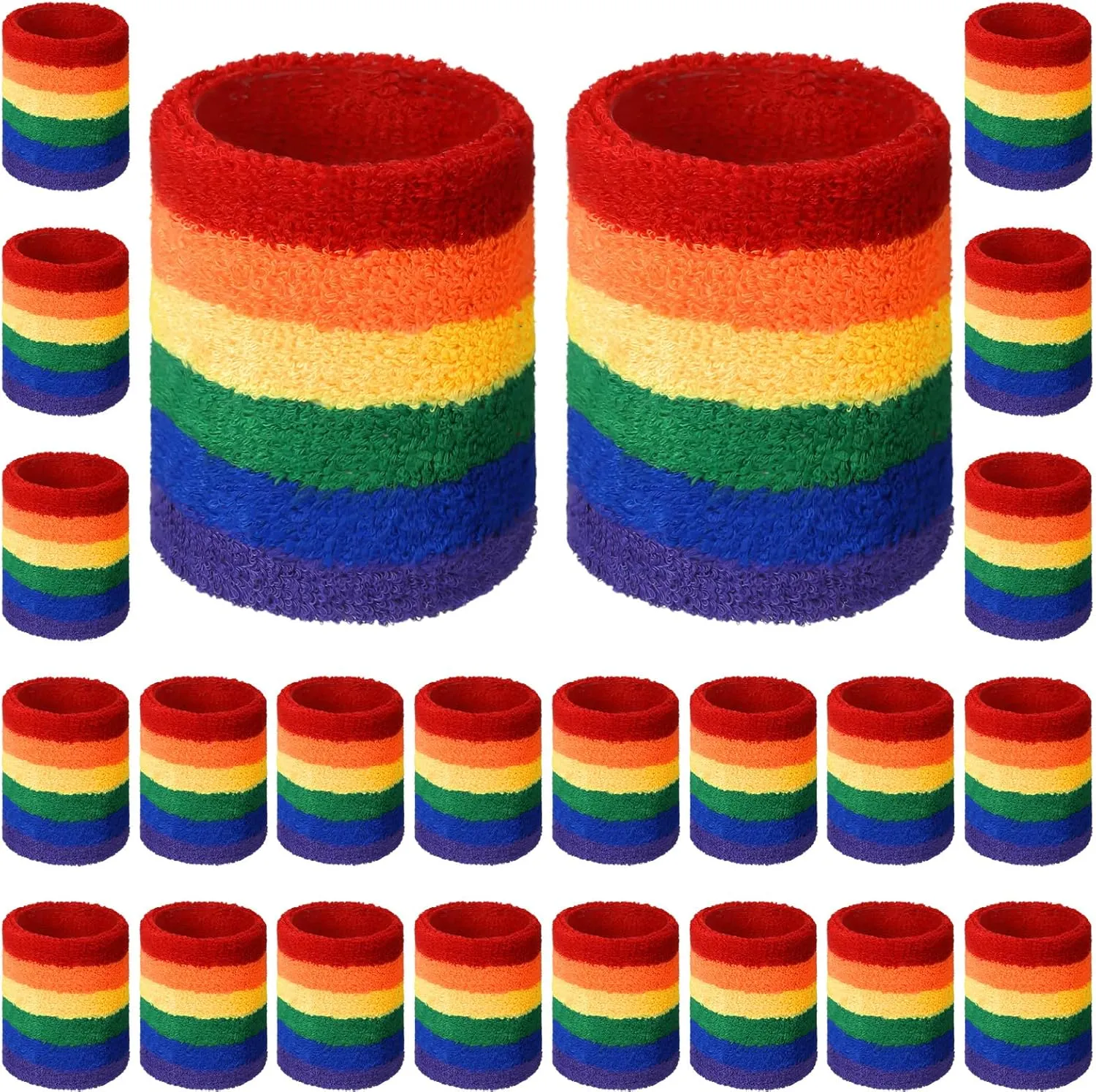 24 Pcs Rainbow Striped Wrist Sweatbands Gay Pride Sweat Wristbands for Men Women Athletic Cotton Terry Cloth Wristband Gym Workout Sports LGBT Pride Parade Supplies