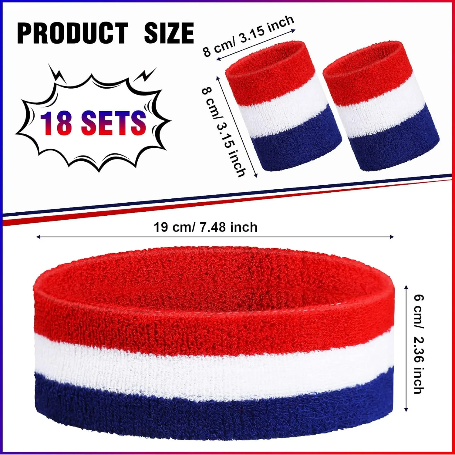 54 Pcs Striped Sweatband Headband Wristbands Set Include 18 Pcs Sweat Absorbing Striped Headbands and 36 Pcs Cotton Sports Sweatproof Wristbands for Basketball Running Tennis