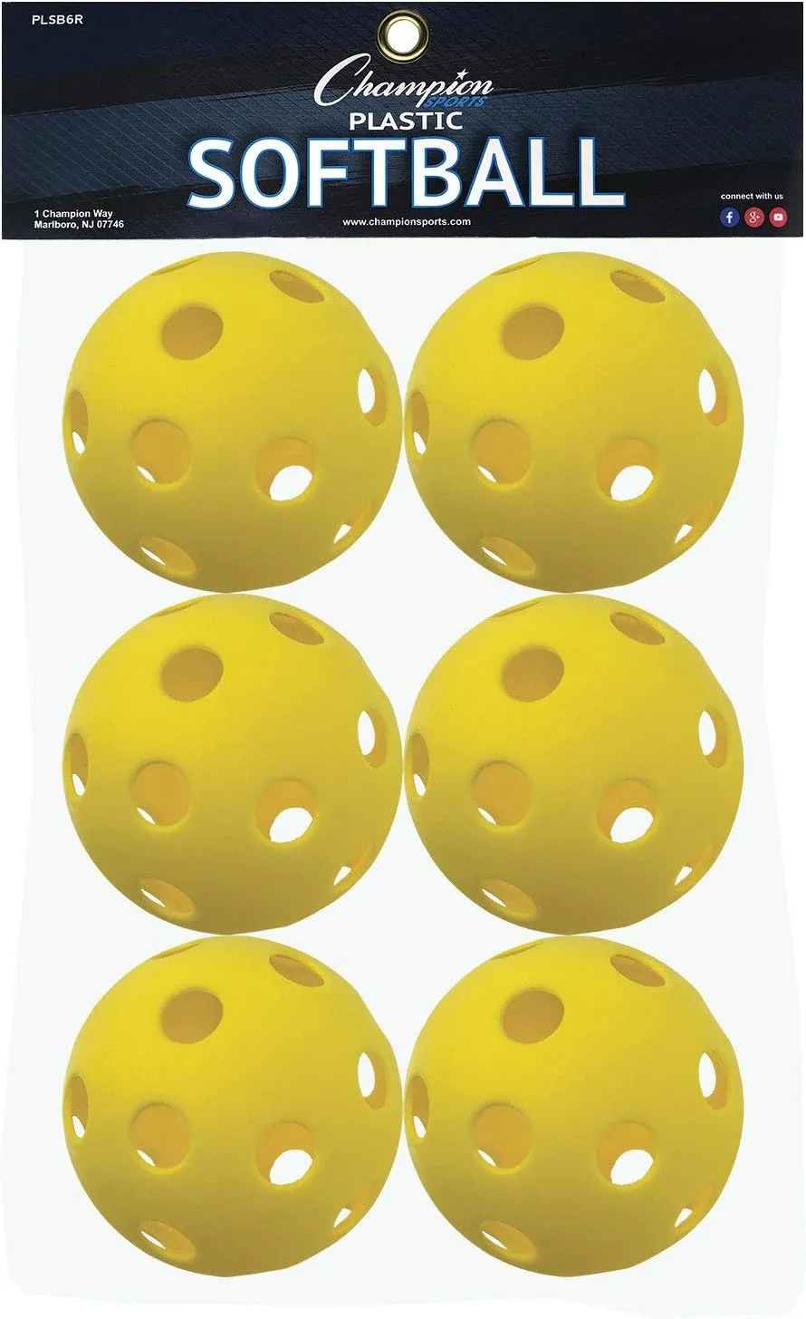 Champion Sports 12" Hollow Plastic Softball Set - Athletic Softball Equipment - Practice Softballs Plastic Hollow - Regulation Size Balls - Fun for All Ages - Lightweight/Durable - Set of 6