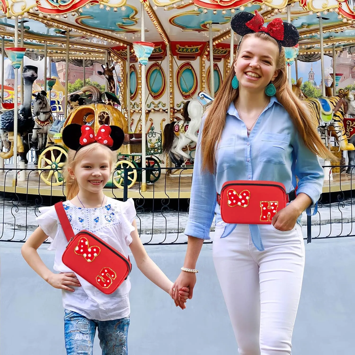 Chenille Initial Letter Bow Mouse Fanny Pack, Waterproof Park Crossbody Bag Christmas Birthday Gifts for Teen Girls Daughter Women Kids Adults, Cute Belt Bag Must Haves for Park Travel (S, Red)