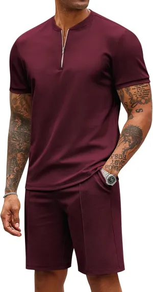 COOFANDY Men's 2 Pieces Outfits Casual Quarter Zip Polo T Shirt and Shorts Set Athletic Jogging Summer Tracksuit