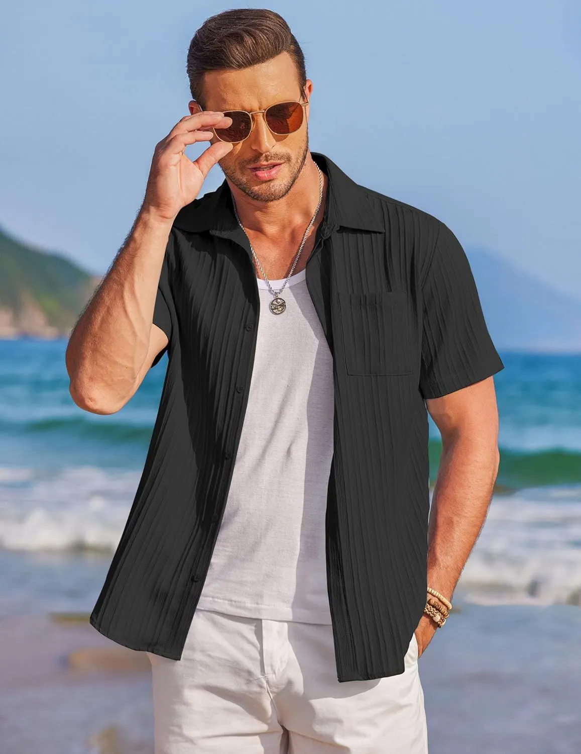 COOFANDY Mens Casual Shirts Short Sleeve Button Down Shirts Fashion Textured Summer Beach Shirt