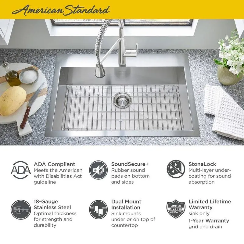 Edgewater 33" Single Basin Undermount Drop-In Kitchen Sink in Stainless Steel