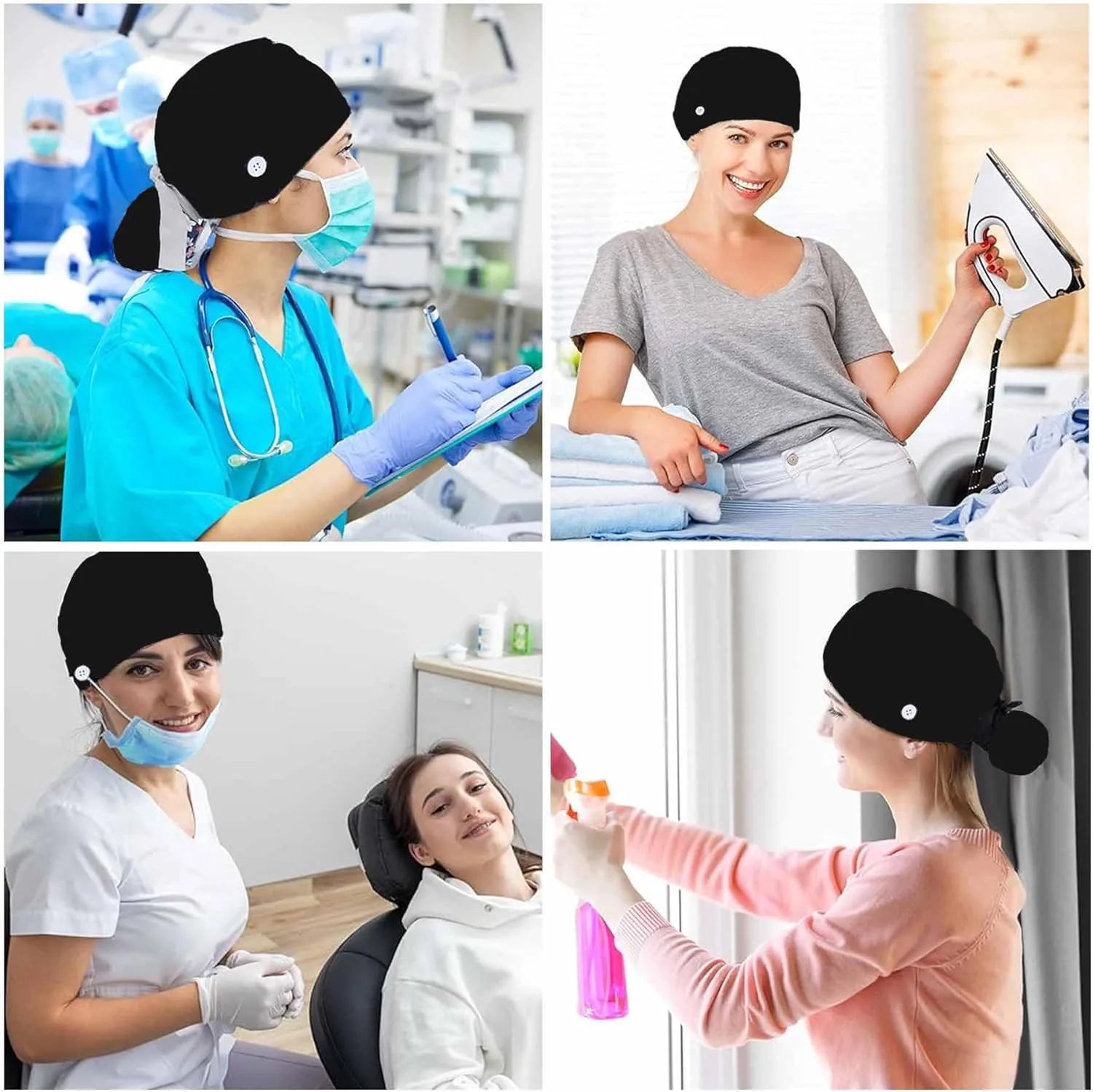 Fun Motifs Scrub Cap Adjustable Working Cap with Button Surgical Hats for Long Hair with Bow Hair Scrunchy