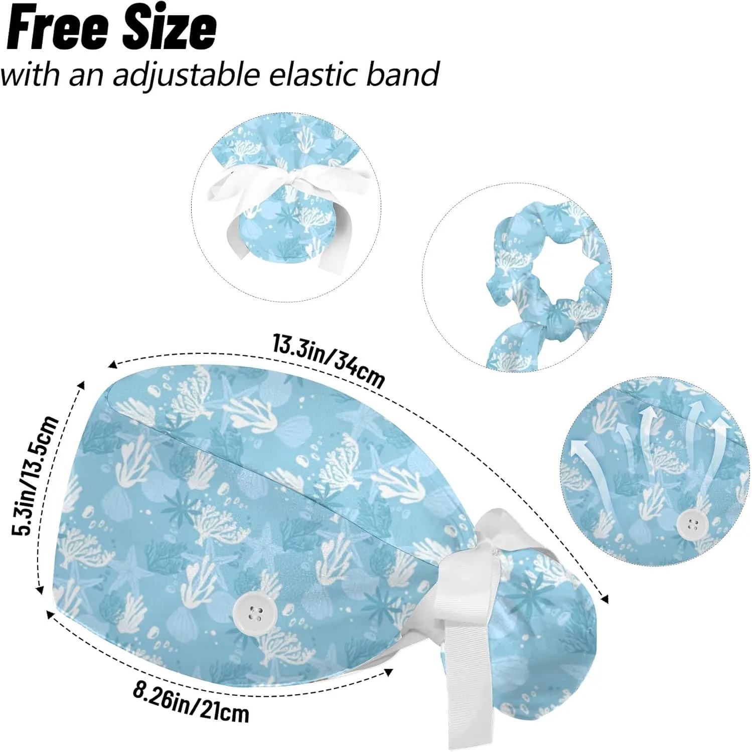 Fun Motifs Scrub Cap Adjustable Working Cap with Button Surgical Hats for Long Hair with Bow Hair Scrunchy