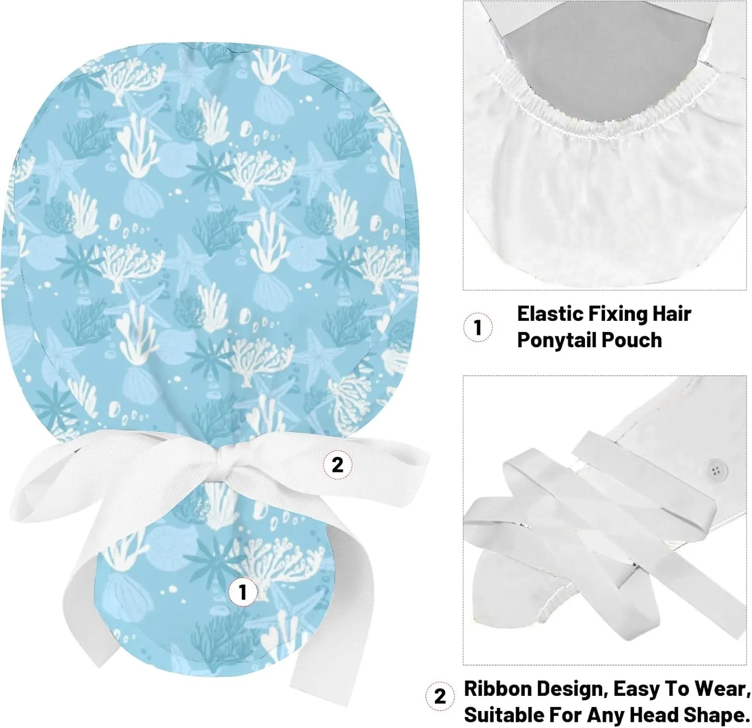 Fun Motifs Scrub Cap Adjustable Working Cap with Button Surgical Hats for Long Hair with Bow Hair Scrunchy