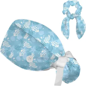 Fun Motifs Scrub Cap Adjustable Working Cap with Button Surgical Hats for Long Hair with Bow Hair Scrunchy