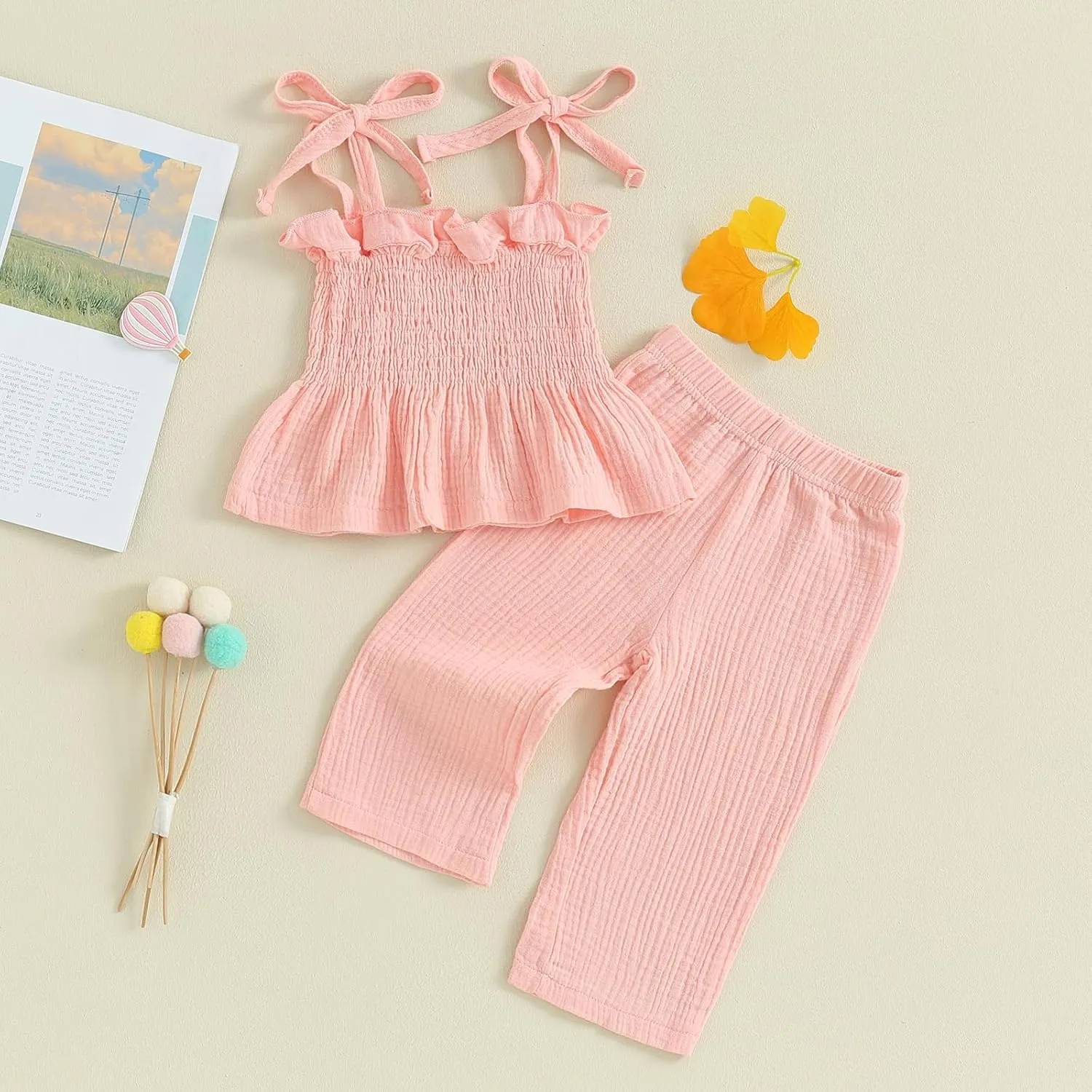 Honganda Toddler Baby Girl Summer 2Pcs Outfit Set Sleeveless Ruffle Crop Top with Cotton Linen Pants Solid Color Clothes