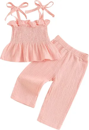 Honganda Toddler Baby Girl Summer 2Pcs Outfit Set Sleeveless Ruffle Crop Top with Cotton Linen Pants Solid Color Clothes