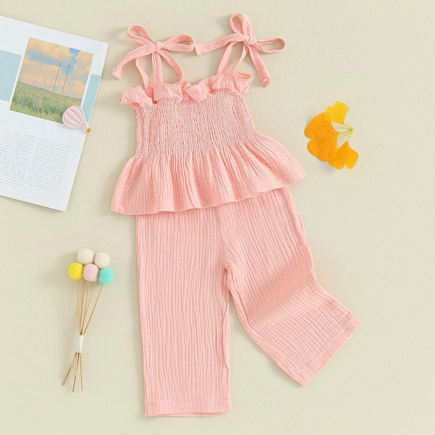 Honganda Toddler Baby Girl Summer 2Pcs Outfit Set Sleeveless Ruffle Crop Top with Cotton Linen Pants Solid Color Clothes