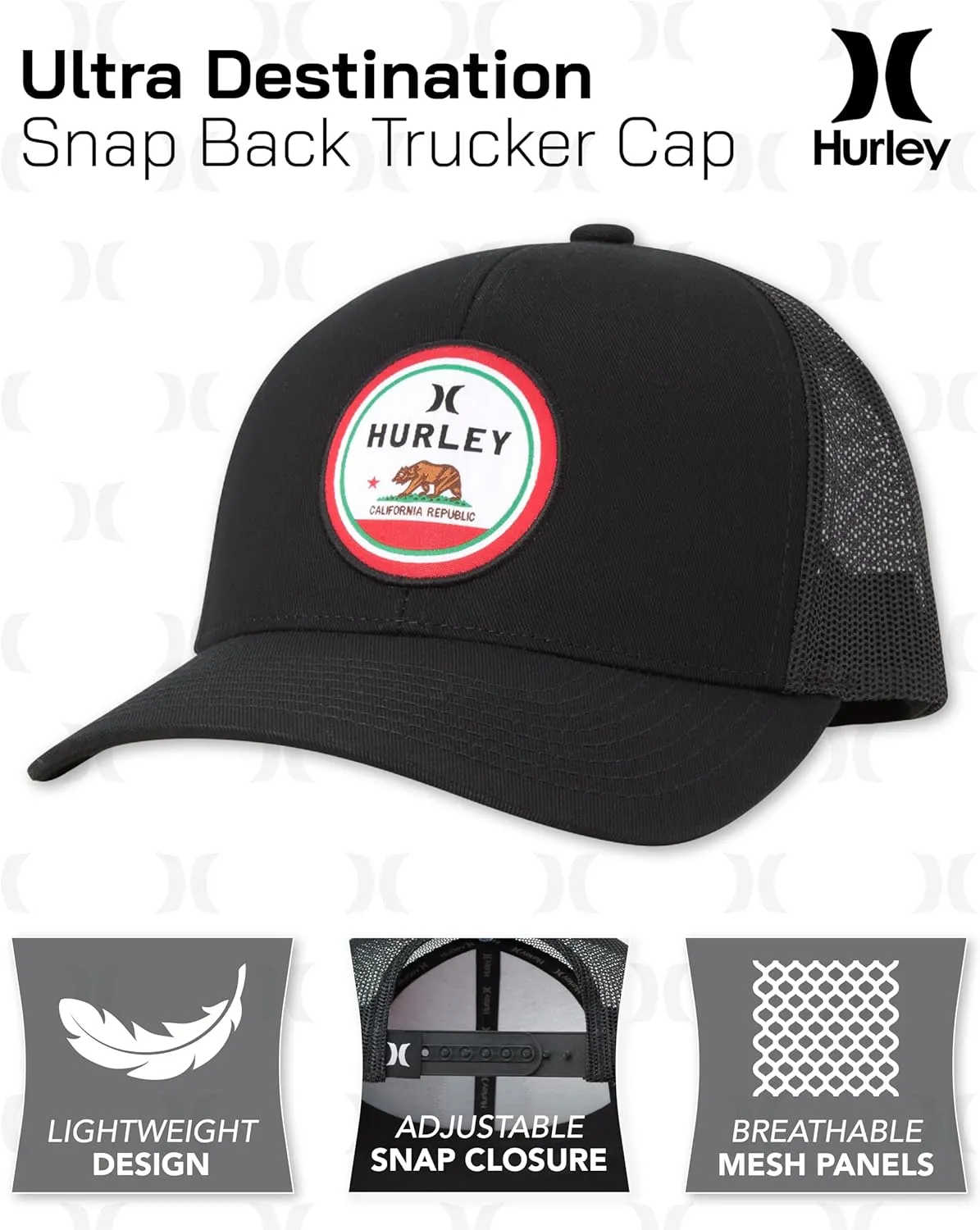 Hurley Mens Trucker Hat - Flat Brim Mesh Baseball Cap and Hats for Men with Adjustable Snapback Closure