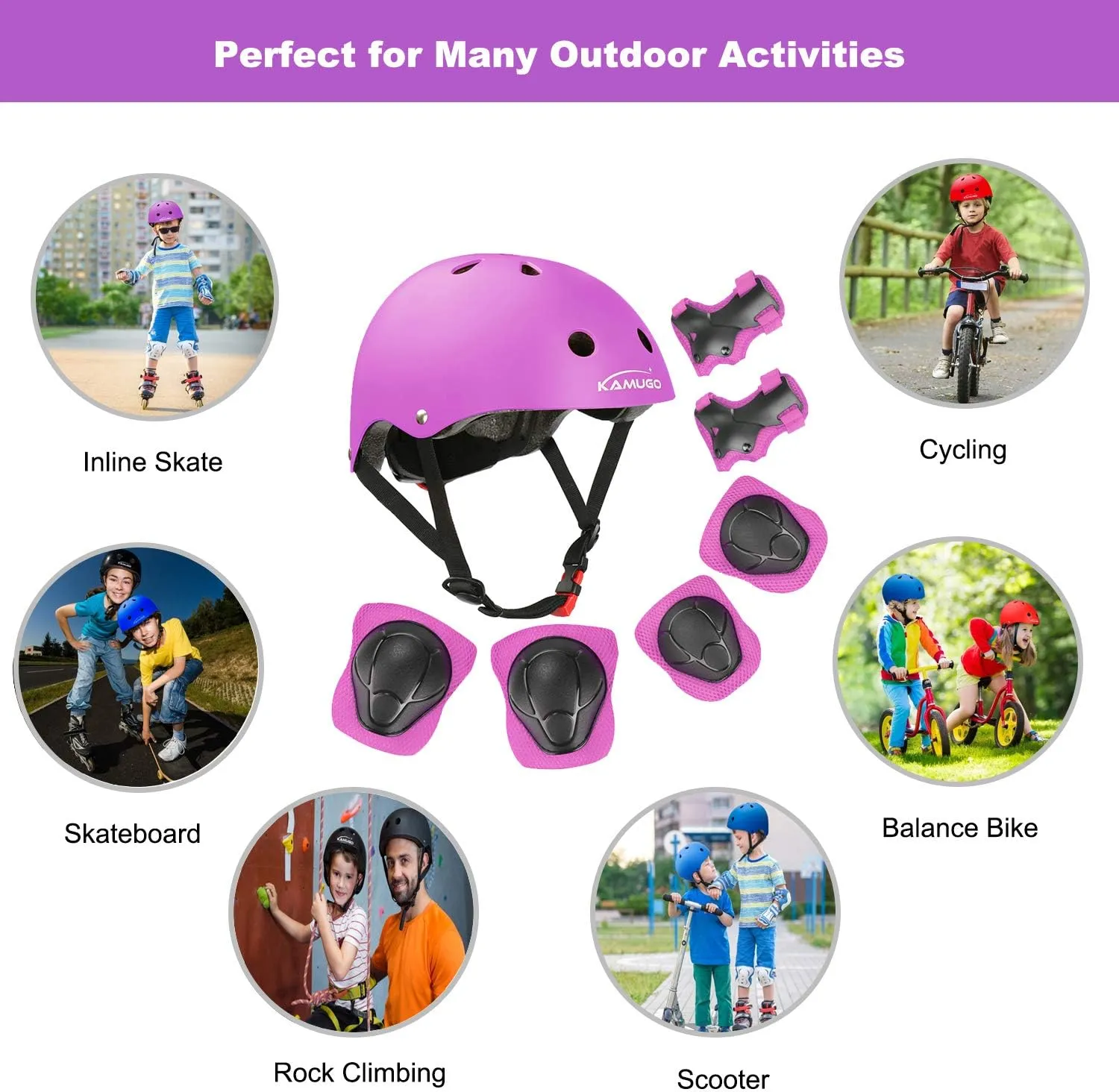KAMUGO Kids Bike Helmet, Toddler Helmet for Ages 2-8 Boys Girls with Sports Protective Gear Set Knee Elbow Wrist Pads for Skateboard Cycling Scooter Rollerblading