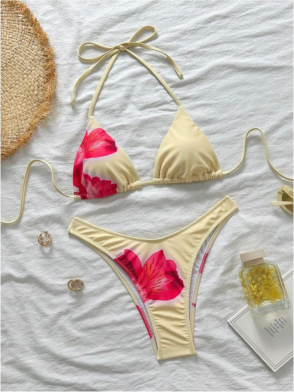 MakeMeChic Women's Halter Triangle Thong Bikini Sets High Cut Swimsuit Bathing Suit Swimwear