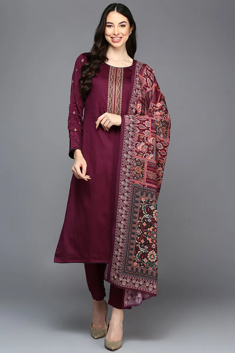 Maroon Pure Cotton Ethnic Motifs Straight Suit Set