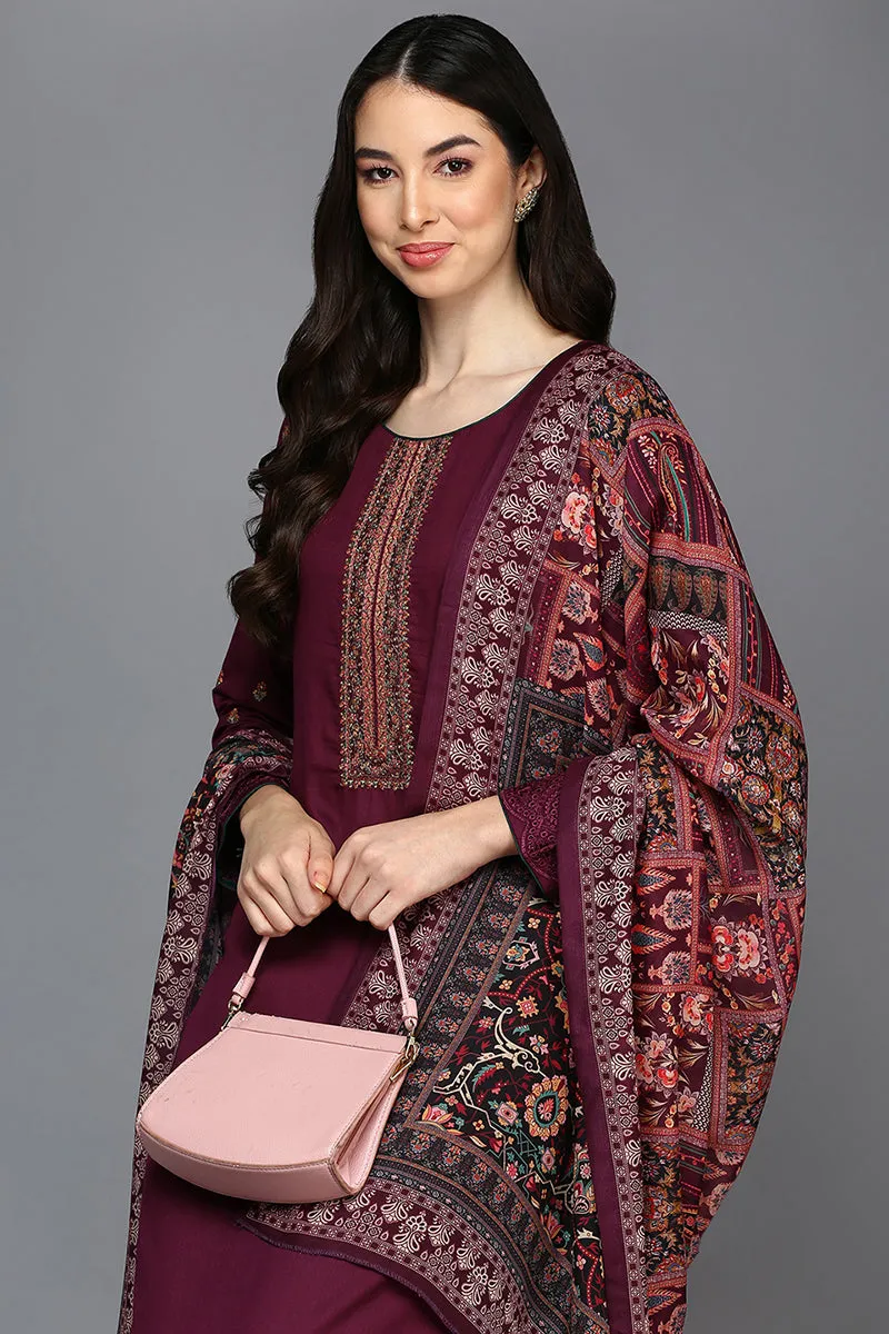Maroon Pure Cotton Ethnic Motifs Straight Suit Set