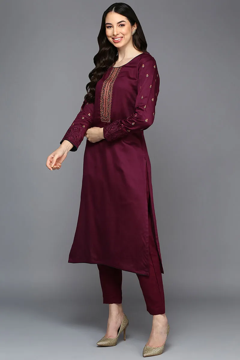 Maroon Pure Cotton Ethnic Motifs Straight Suit Set
