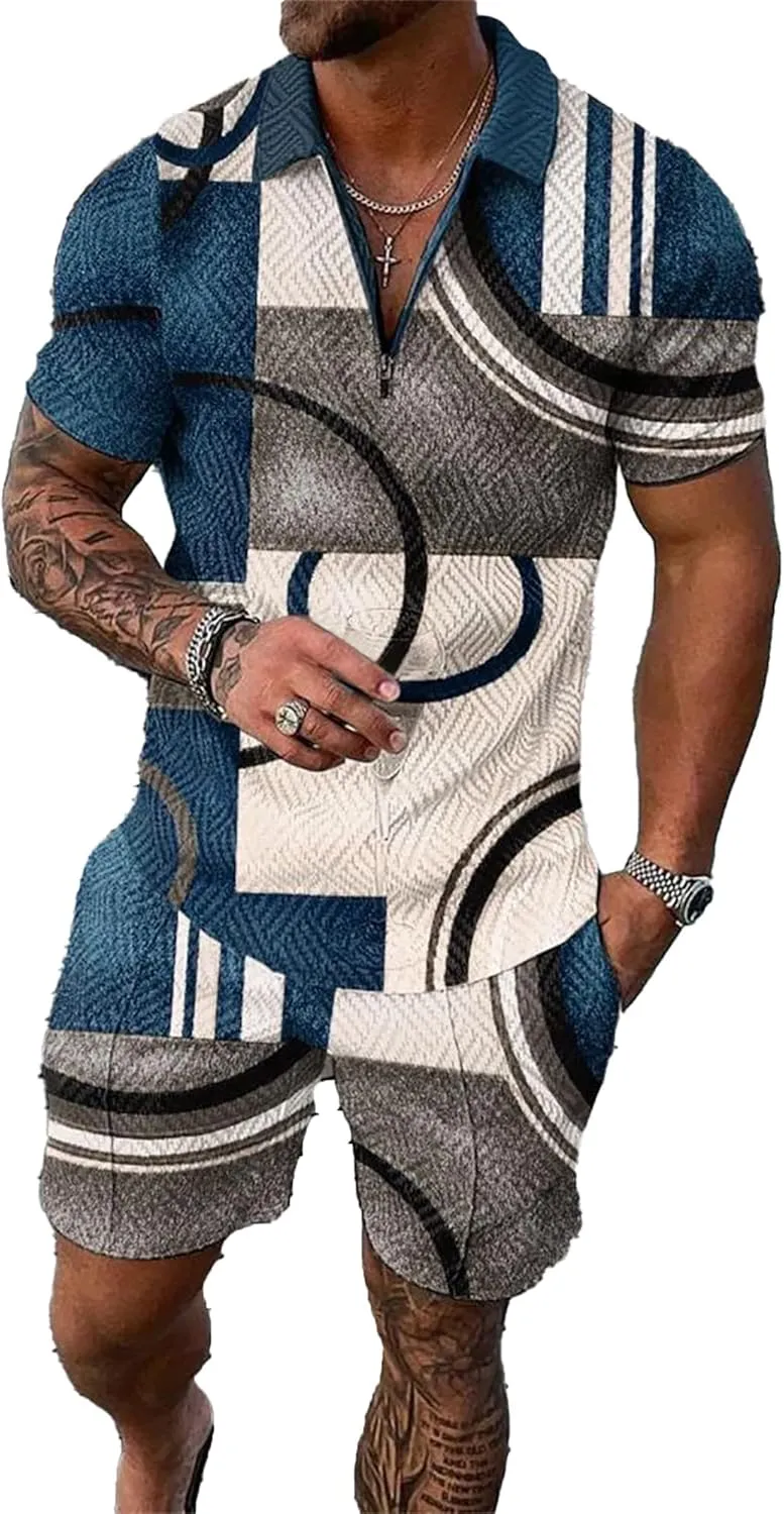 Mens Short Sets Outfits 2 Piece Summer Tracksuit Short Sleeve Polo Shirt Shorts Set Casual Sport Suit