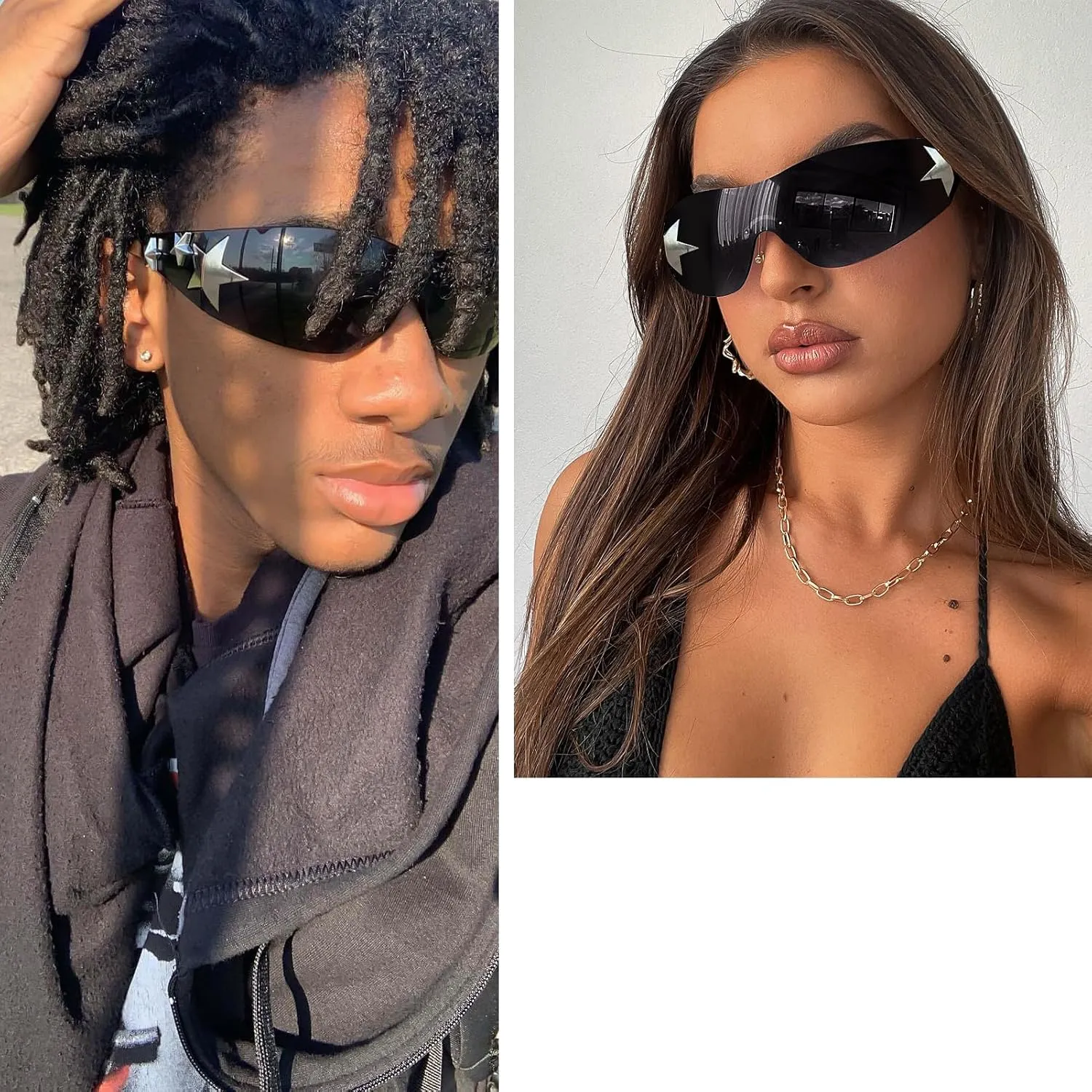 Rimless Y2K Sunglasses Star Wrap Around Glasses 2000S Accessories for Women Men Trendy Fashion Cool Shield Shades