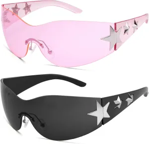 Rimless Y2K Sunglasses Star Wrap Around Glasses 2000S Accessories for Women Men Trendy Fashion Cool Shield Shades