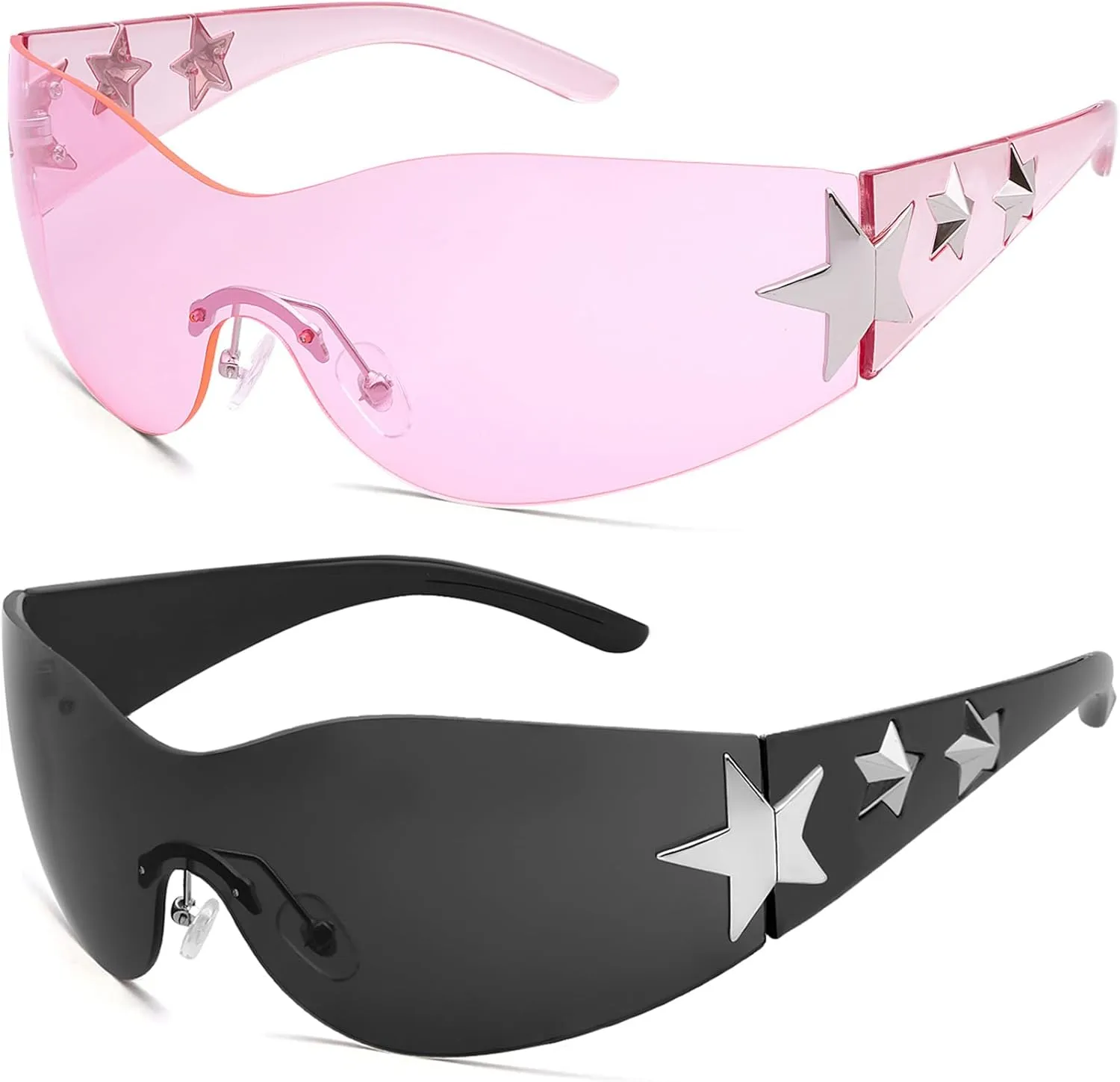Rimless Y2K Sunglasses Star Wrap Around Glasses 2000S Accessories for Women Men Trendy Fashion Cool Shield Shades