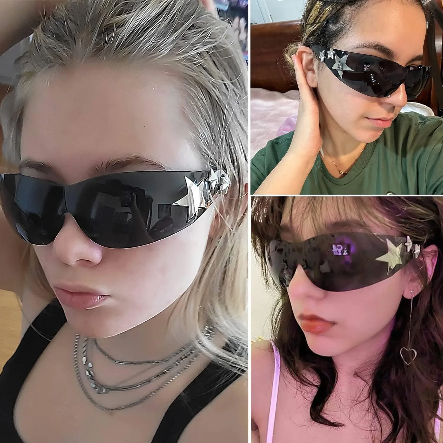 Rimless Y2K Sunglasses Star Wrap Around Glasses 2000S Accessories for Women Men Trendy Fashion Cool Shield Shades