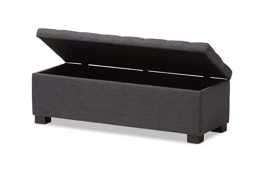 Roanoke Dark Grey Fabric Upholstered Grid-Tufting Storage Ottoman Bench