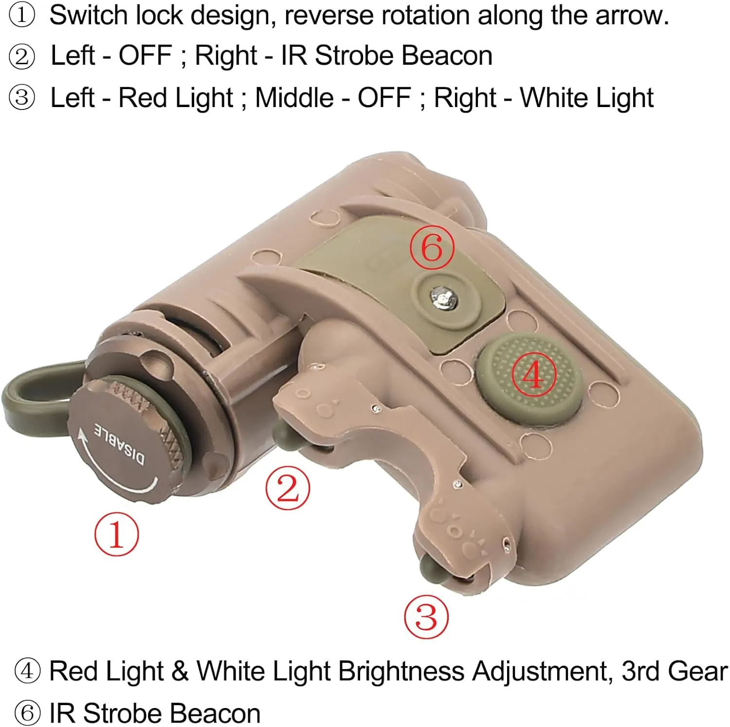 Tactical Helmet Light with Red Light   White Task Lamp   IR Strobe Beacon, 5 LED Beads Survival Signal Light with Helmet Light Mount for ARC/MICH Helmet/Guide Rail/Hat