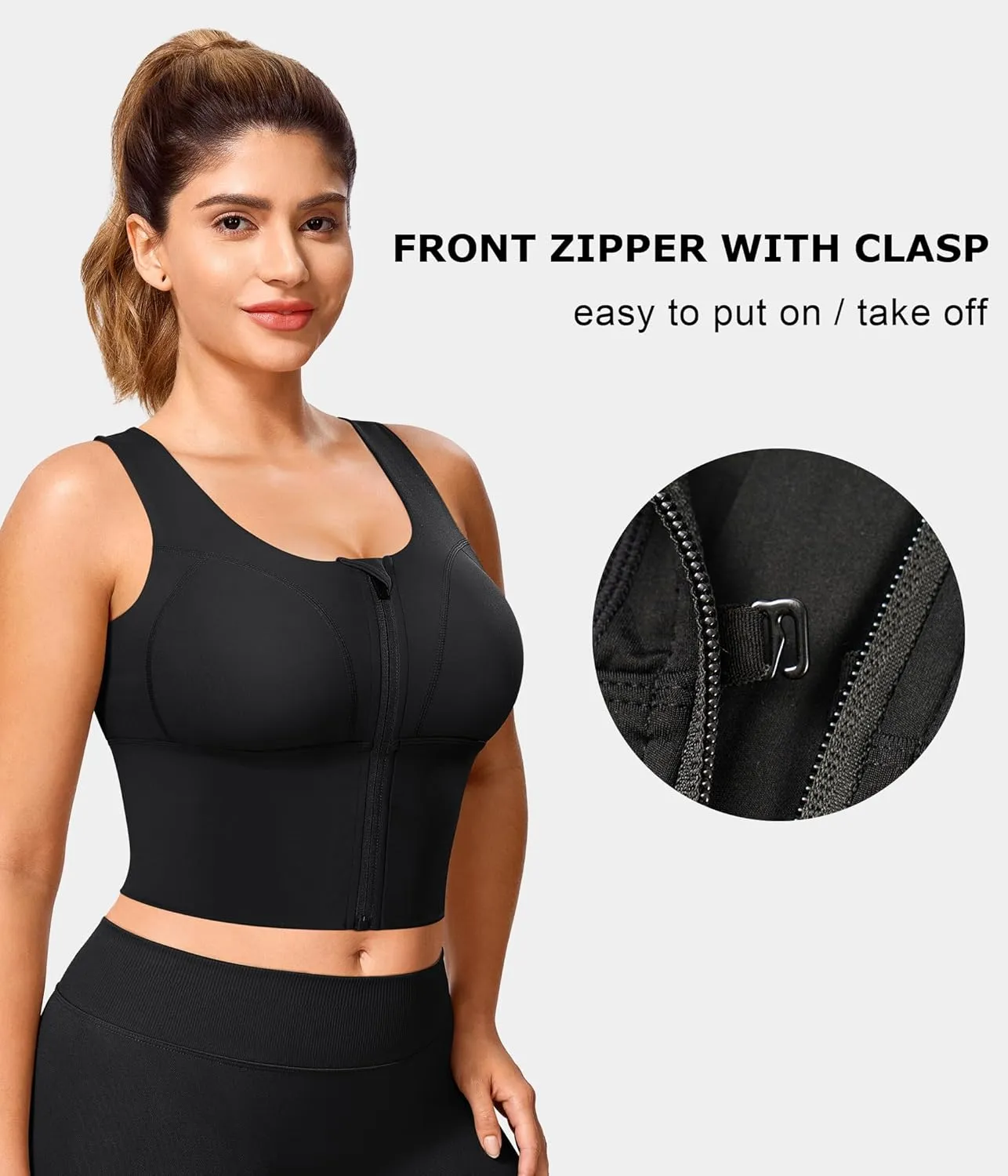 TrainingGirl Zip Front Closure Longline Sports Bras for Women - Workout Crop Tank Tops Yoga Camisole Criss Cross Back