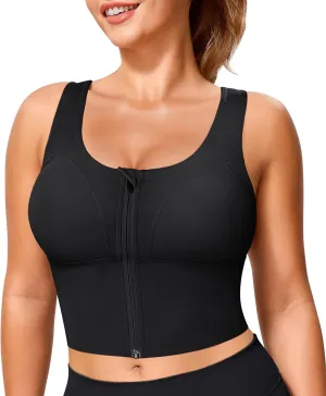TrainingGirl Zip Front Closure Longline Sports Bras for Women - Workout Crop Tank Tops Yoga Camisole Criss Cross Back