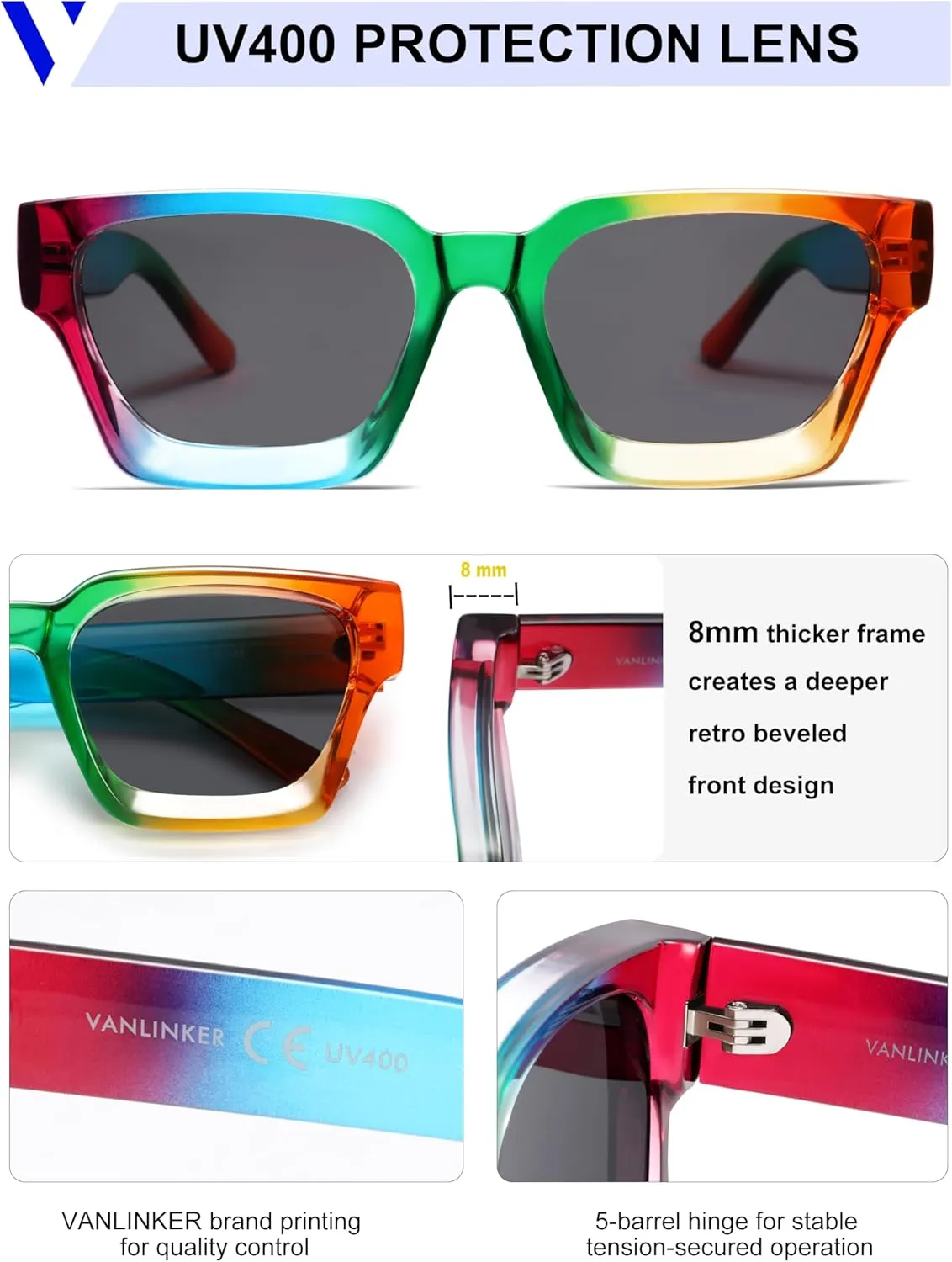 VANLINKER Thick Square Sunglasses for Men Women Retro Chunky Rectangle Shades UV400 Protection VL9731